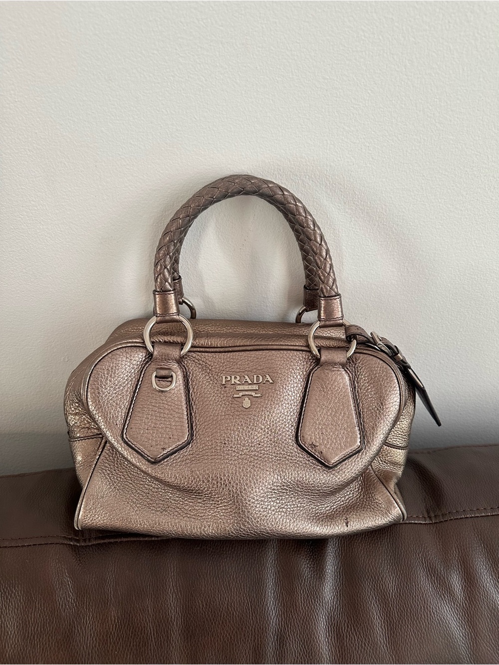 Prada Metallic Taupe/Bronze Leather Satchel